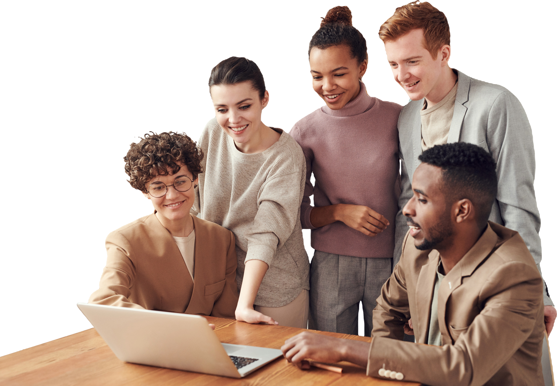 Diverse Team of Five Working with Laptop on the Table